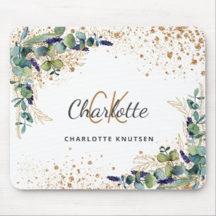 Eucalyptus greenery guld glitter monogram namn musmatta