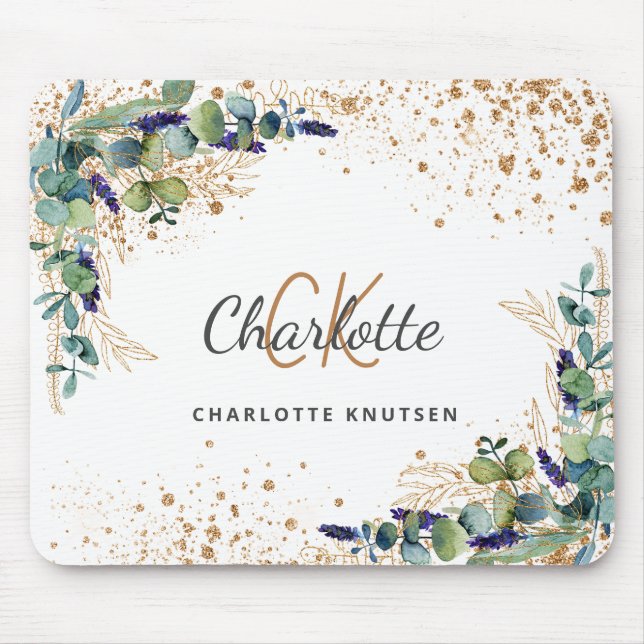Eucalyptus greenery guld glitter monogram namn musmatta (Framsidan)