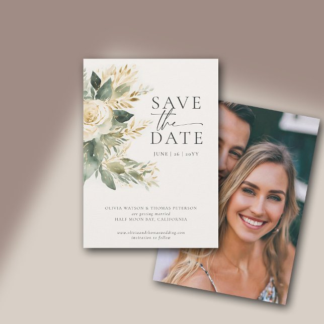 Eucalyptus Greenery Guld Grönt Elegant bröllop Spara Datumet (eucalyptus wedding photo save the date white green gold watercolor modern classic elegant chic class)