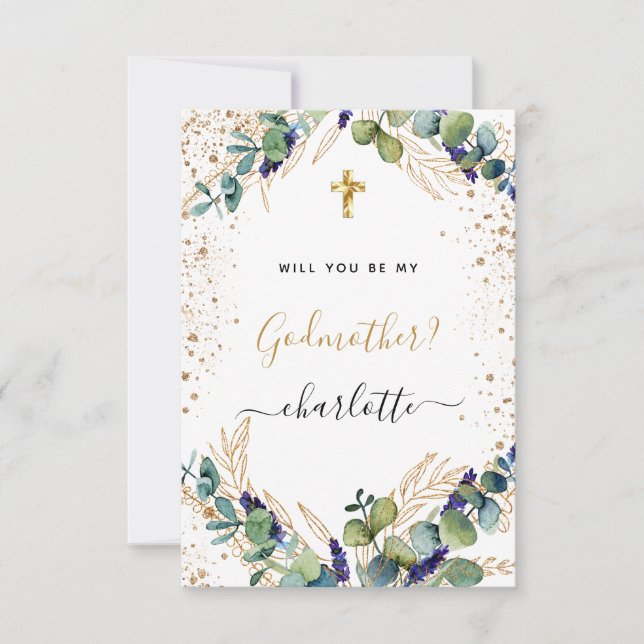 Eucalyptus greenery guld-gudmor frieri inbjudningar (Framsida)