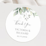 Eucalyptus Greenery Guld Löv Bröllop Tack Runt Klistermärke<br><div class="desc">Vackra bröllop Tack-klistermärken med vattenfärgad eukalyptus och guld löv.</div>