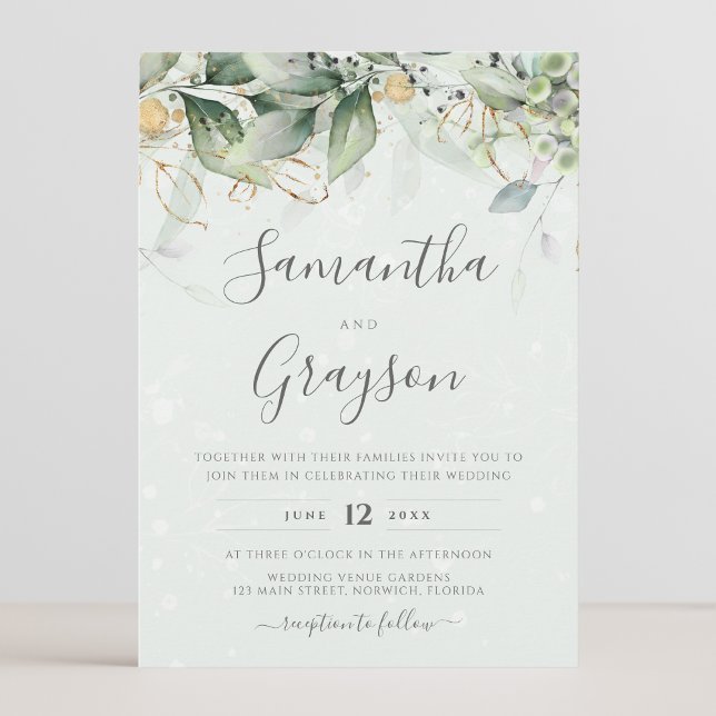 Eucalyptus Greenery Guld Löv Elegant bröllop Inbjudningar (Skapare uppladdad)