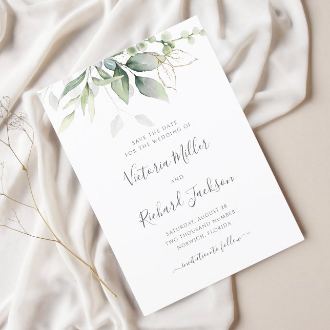 Eucalyptus Greenery Guld Löv Elegant bröllop Spara Datumet (Skapare uppladdad)