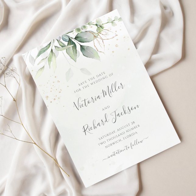 Eucalyptus Greenery Guld Löv Elegant bröllop Spara Datumet (Skapare uppladdad)