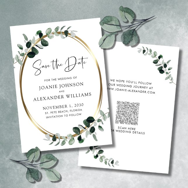 Eucalyptus Greenery Guld Metallic Save Date Spara Datumet (Eucalyptus Greenery QR Code Gold Metallic Wedding Save the Date)