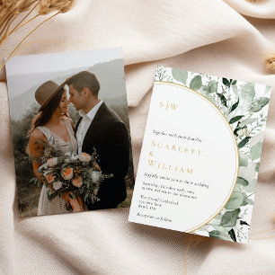 Eucalyptus Greenery Guld Monogram Photo Bröllop Inbjudningar