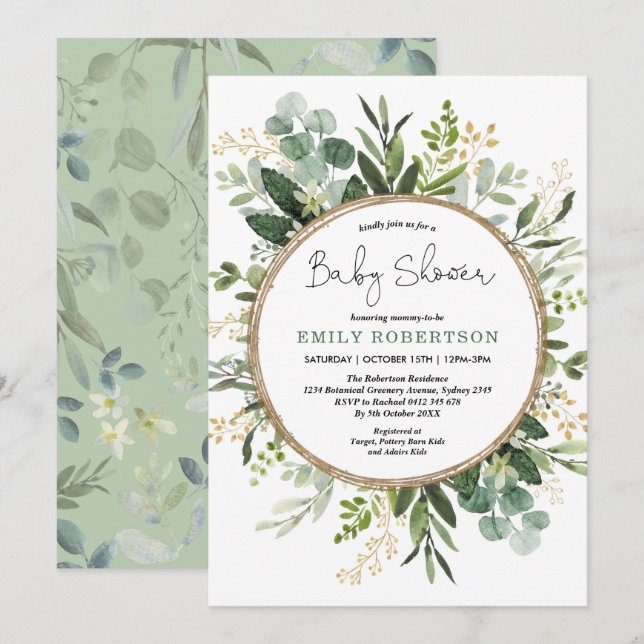 Eucalyptus Greenery Guld Neutralt Baby Shower Inbjudningar (Fram/baksida)