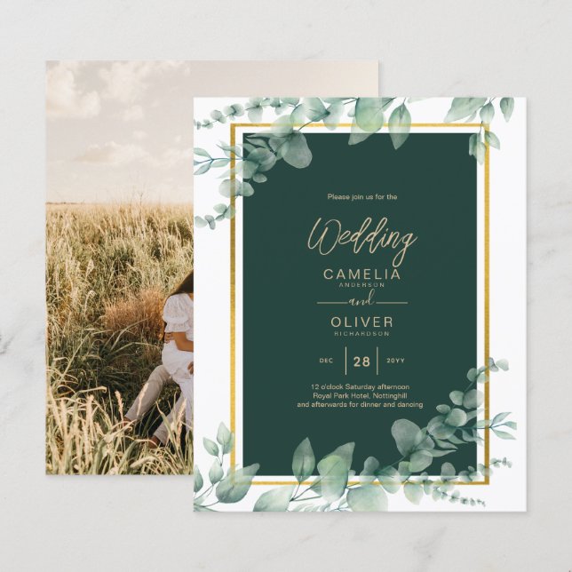 Eucalyptus Greenery Guld PHOTO WEDDING INVITE (Fram/baksida)