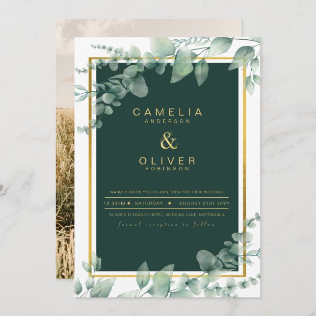 Eucalyptus Greenery Guld PHOTO WEDDING INVITE Inbjudningar (Fram/baksida)