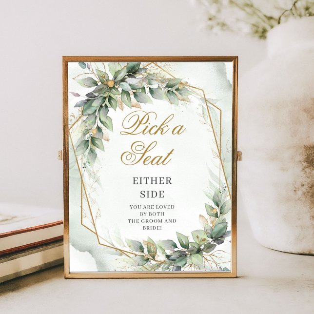 Eucalyptus greenery & guld Plocka a Seat på endera Poster (Bohemian green eucalyptus and gold wedding tabletop sign)