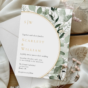 Eucalyptus Greenery Guld Sage Monogram Bröllop Inbjudningar
