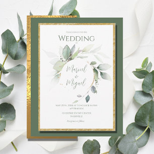 Eucalyptus Greenery Guld Watercolor Modern Bröllop Inbjudningar