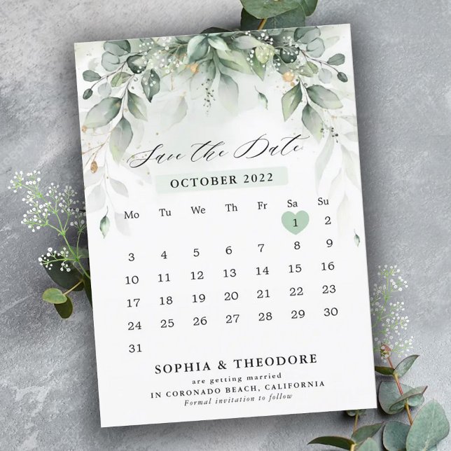 Eucalyptus Greenery Gum Botanical Rustic Calendar Spara Datumet (Skapare uppladdad)