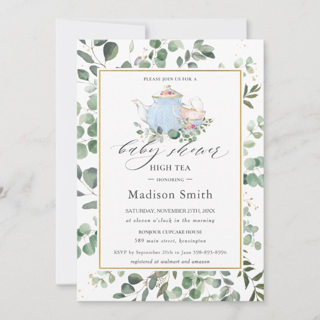 Eucalyptus Greenery High Tea Party Baby Shower Inbjudningar (Framsida)