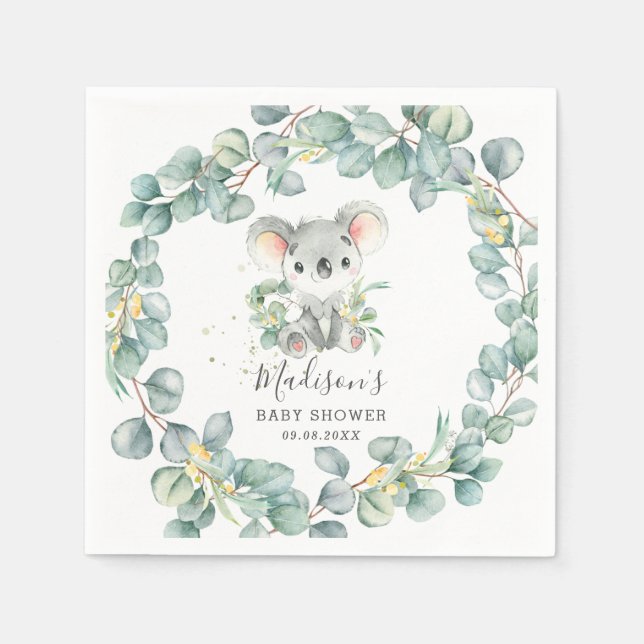 Eucalyptus Greenery Koala Baby Boy Shower Birthday Pappersservett (Framsidan)