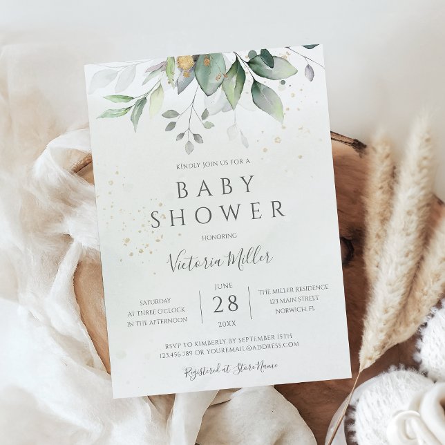 Eucalyptus Greenery Löv Elegant Baby Shower Inbjudningar (Skapare uppladdad)