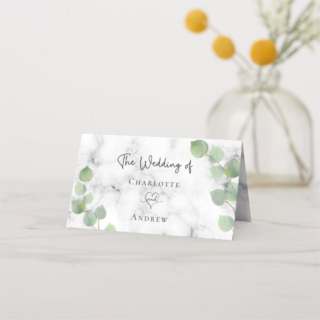 Eucalyptus greenery marble bröllop placeringskort (Baksida)