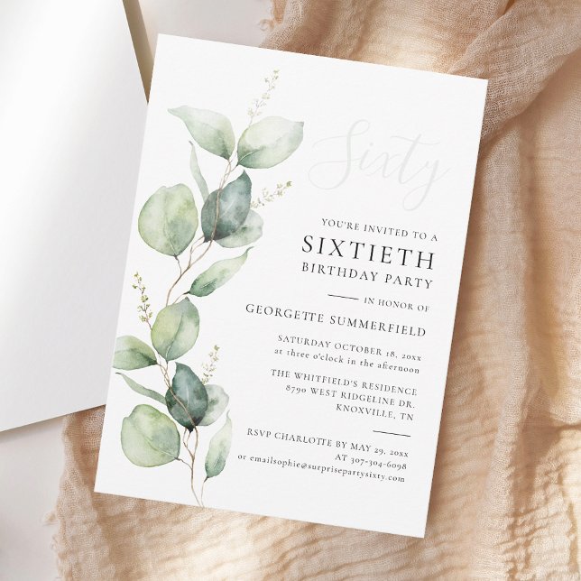 Eucalyptus Greenery Minimalist 60:e födelsedagen Inbjudningar (Eucalyptus Minimalist Modern 60th Birthday Party Invitation)