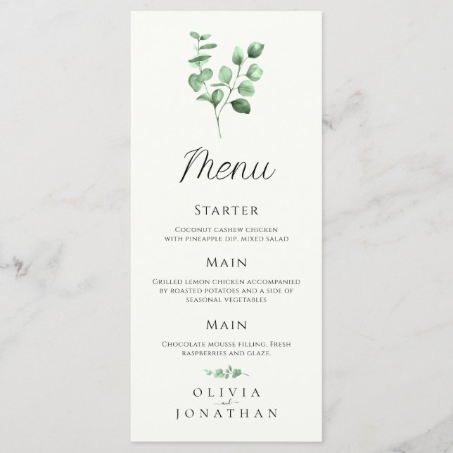 Eucalyptus Greenery minimalist Bröllop Menu Meny (Framsida)