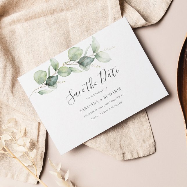 Eucalyptus Greenery Minimalist Bröllop Spara Datumet (Eucalyptus Watercolor Save the Date Wedding Announcement)