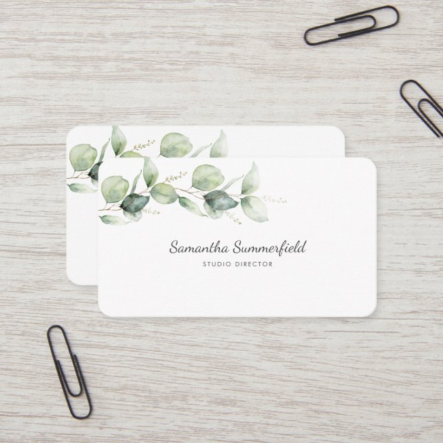 Eucalyptus Greenery Minimalist Elegant Script Visitkort (Fram/Back In Situ)