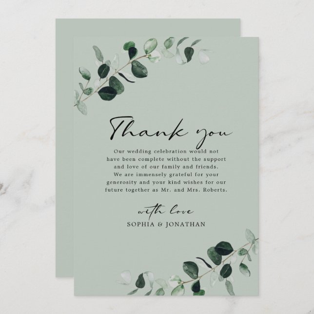 Eucalyptus Greenery Modern Calligraphy Bröllop Tack Kort (Fram/baksida)