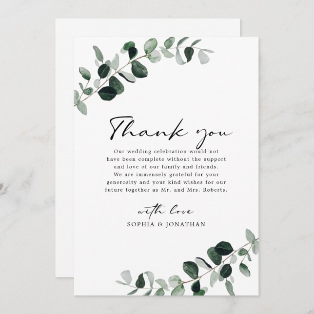 Eucalyptus Greenery Modern Calligraphy Bröllop Tack Kort (Fram/baksida)