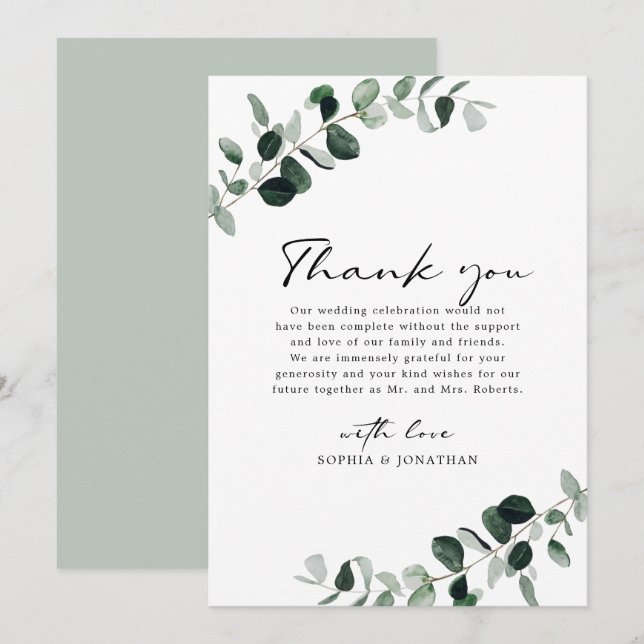 Eucalyptus Greenery Modern Calligraphy Bröllop Tack Kort (Fram/baksida)