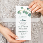 Eucalyptus Greenery Modern Elegant, sommartid Bröl Meny<br><div class="desc">Eucalyptus Greenery Modern Elegant Summer Bröllop Menu. Alla texterna är i förväg ordnade så att du enkelt och snabbt kan anpassa dig med dina egna detaljer.</div>