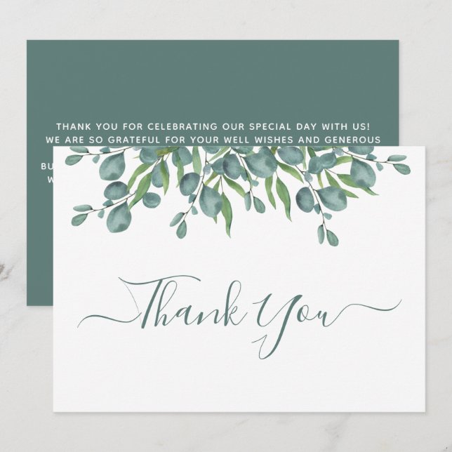 Eucalyptus Greenery Modern Sage Script Bröllop Tack Kort (Fram/baksida)