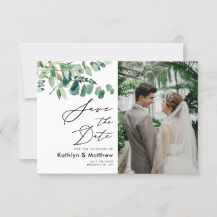 Eucalyptus Greenery Modern Script Photo Bröllop Spara Datumet