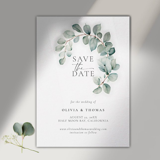 Eucalyptus Greenery Modern Wandeine Elegant bröllo Spara Datumet (modern simple wedding save the date typography calligraphy eucalyptus whimsical wreath)