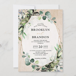 Eucalyptus Greenery Modern Wood Geometric Bröllop Inbjudningar