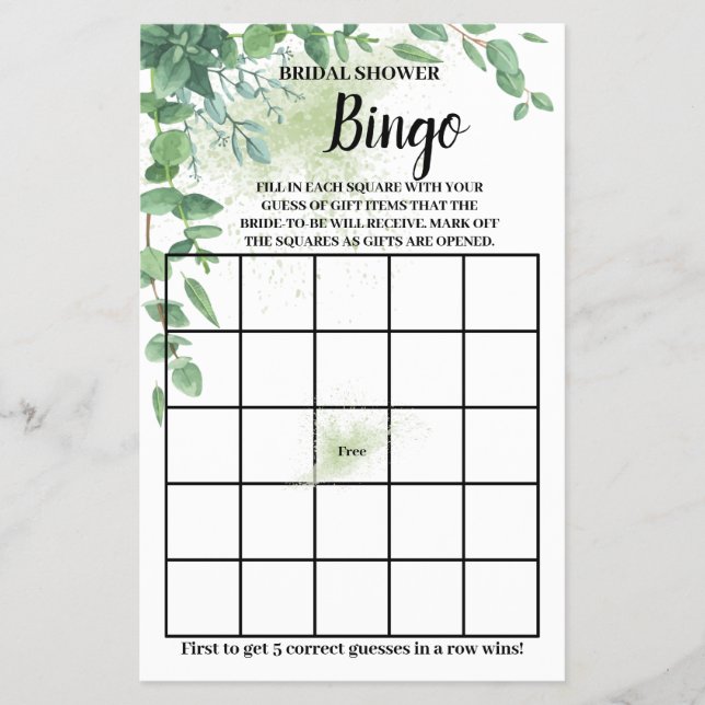 Eucalyptus Greenery Möhippa Bingo Game Card Flygblad (Framsidan)