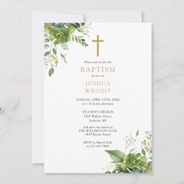 Eucalyptus Greenery Monogram Baptism Christening Inbjudningar (Framsida)