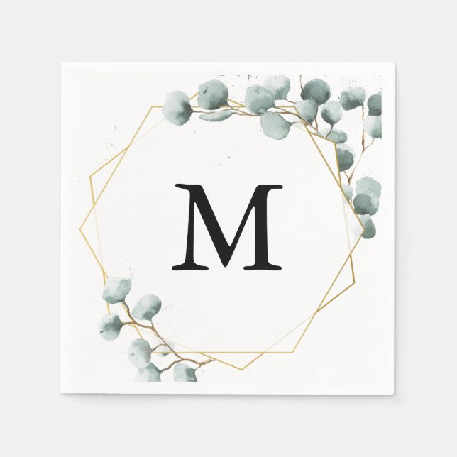 Eucalyptus Greenery Monogram Cocktail Napkin Pappersservett (Framsidan)