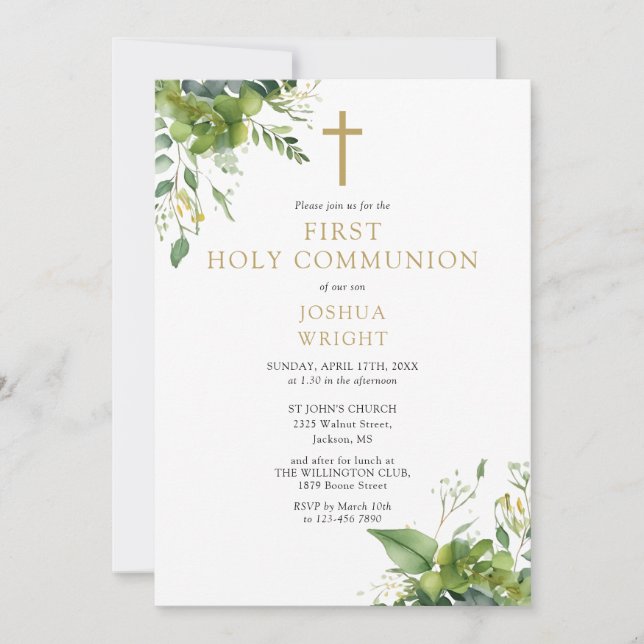 Eucalyptus Greenery Monogram First Heliga Communio Inbjudningar (Framsida)