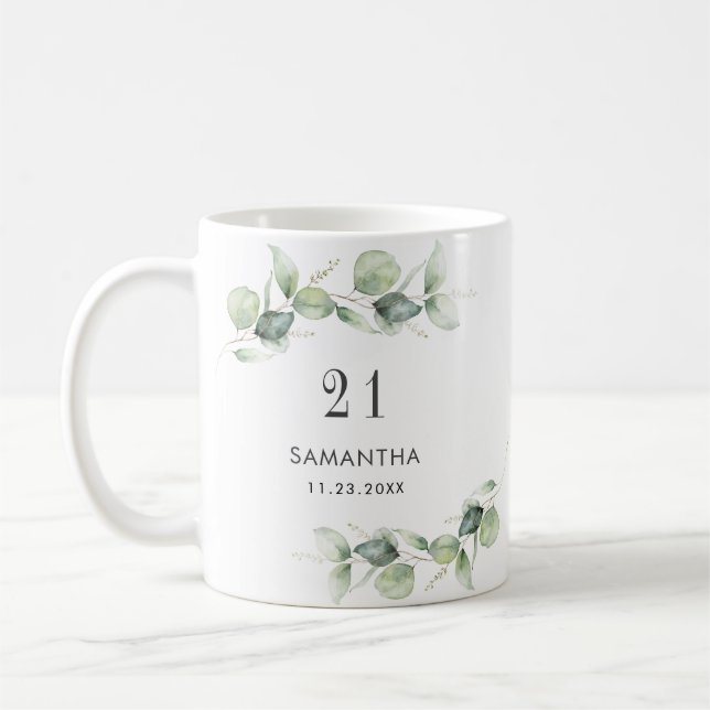 Eucalyptus Greenery Monogram från 21:a födelsedage Kaffemugg (Vänster)