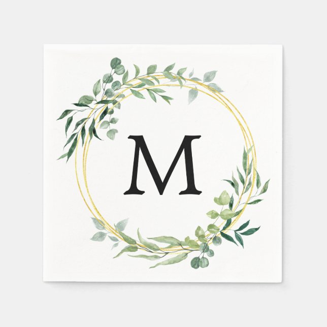 Eucalyptus Greenery Monogram Guld Grönt Bröllop Pappersservett (Framsidan)