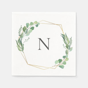 Eucalyptus Greenery Monogram Guld Ram Bröllop Pappersservett