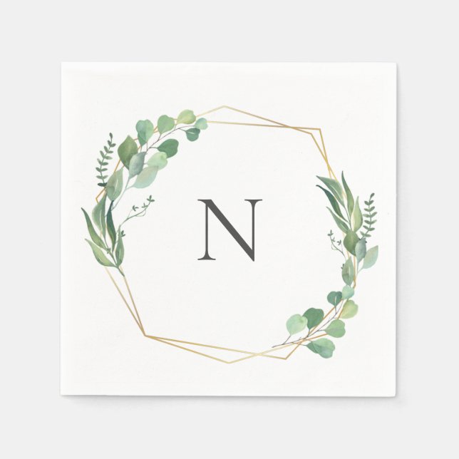 Eucalyptus Greenery Monogram Guld Ram Bröllop Pappersservett (Framsidan)