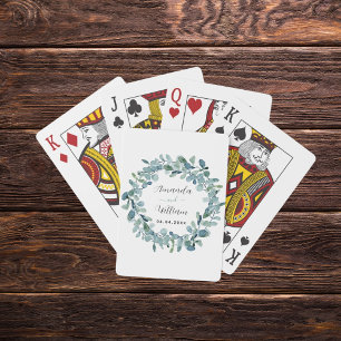 Eucalyptus greenery monogram namn bröllop casinokort