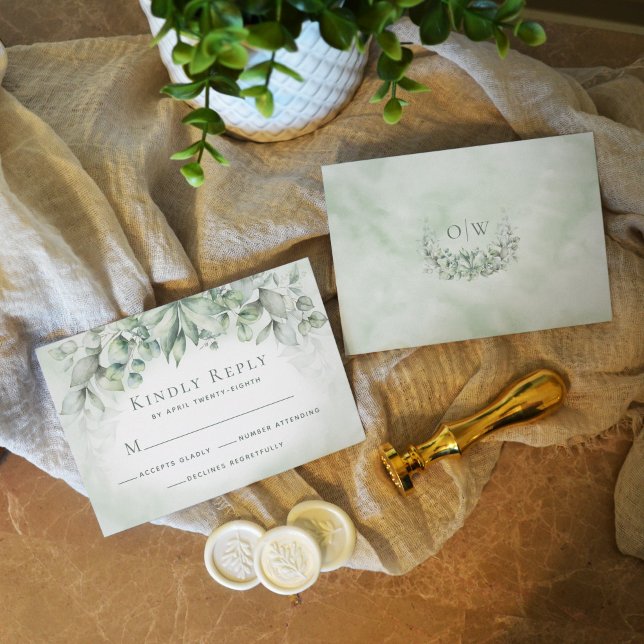 Eucalyptus Greenery Monogram Sage Bröllop OSA Kort (Skapare uppladdad)