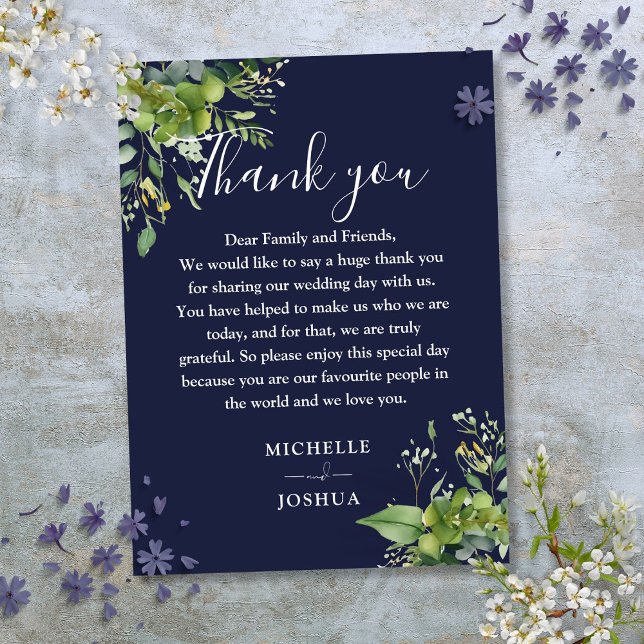 Eucalyptus Greenery Navy Blue Bröllop Tack Placeringskort (Eucalyptus Greenery Navy Blue Wedding Thank You Place Card)