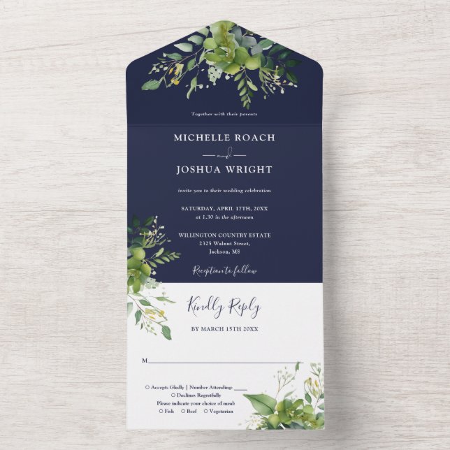 Eucalyptus Greenery Navy Blue Monogram Bröllop (Insida)