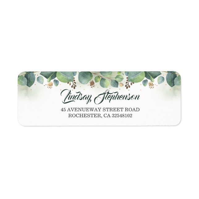 Eucalyptus Greenery och Guld Bröllop Returadress Etikett (Framsidan)