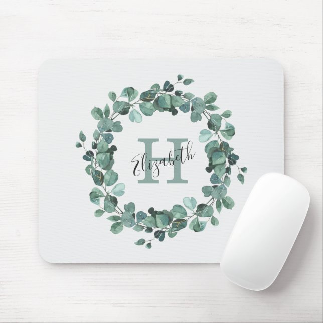 Eucalyptus Greenery Personlig Monogram Mouse Pa Musmatta (Med mus)