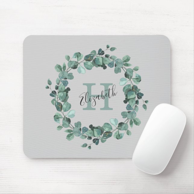 Eucalyptus Greenery Personlig Monogram Musmatta (Med mus)