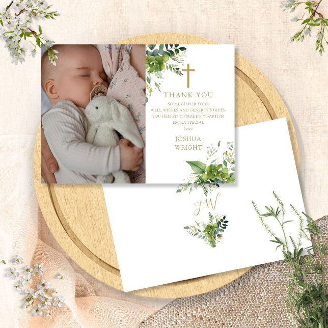 Eucalyptus Greenery Photo Baptism Christening Tack Kort (Eucalyptus Greenery Photo Baptism Christening Thank You Card)