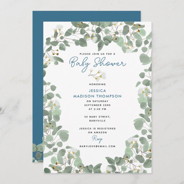 Eucalyptus Greenery Pojke Blue Baby Shower Inbjudningar (Fram/baksida)